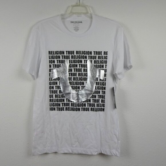 True Religion T-Shirt Men's Size S White Horseshoe Spell Out Logo Cotton - Picture 1 of 6